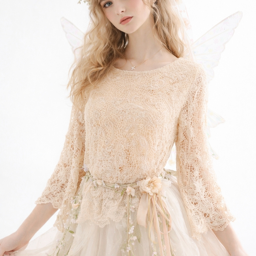 Vintage Whimsical Floral Lace Fairy Top Butter Yellow Long Sleeve Delicate Med